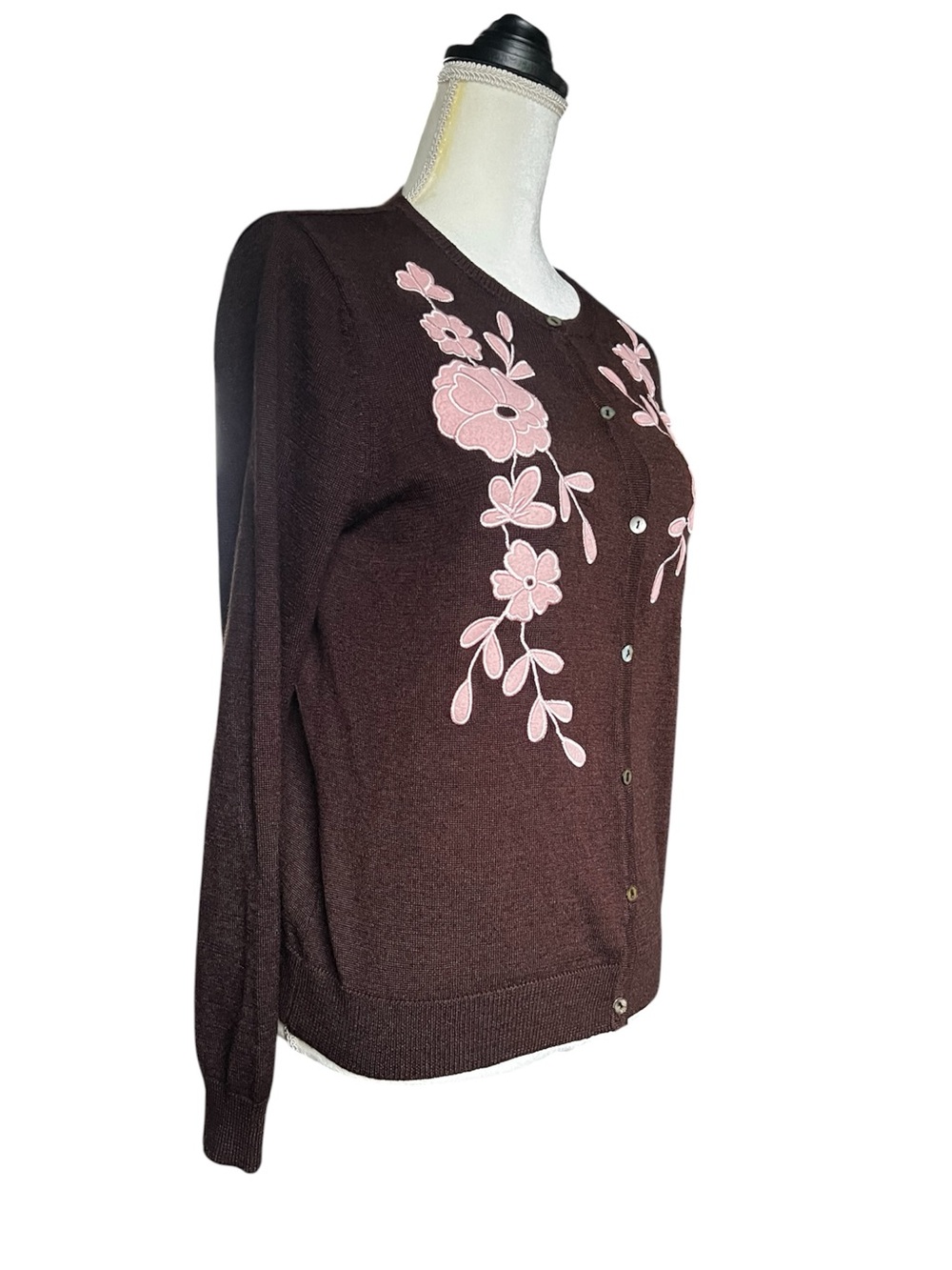 Bob Mackie Floral Embroidered Wool Blend Cardigan Sweater Brown Pink Size L
